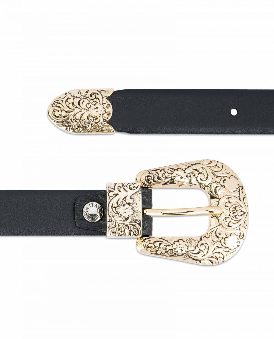 1-Inch-Black-Western-Belt-Womens-Floral-Gold-Buckle-Smooth-leather