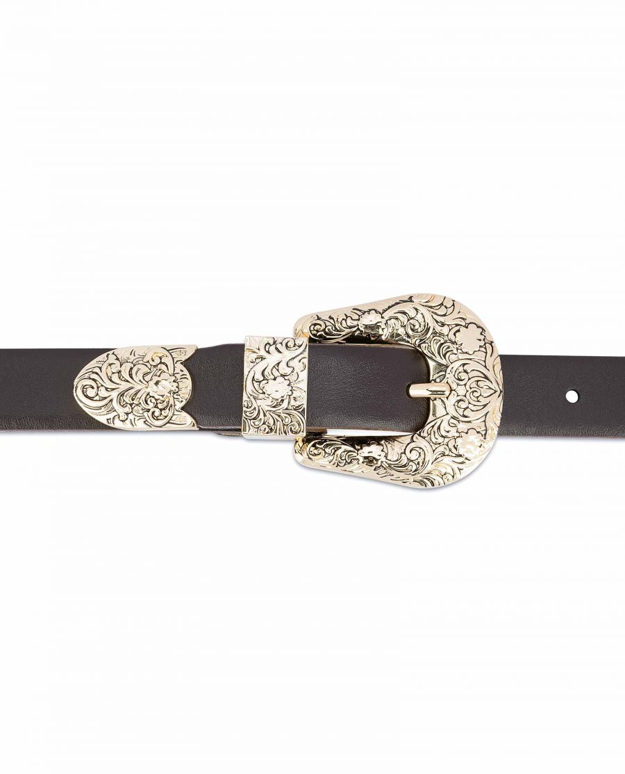 1-Inch-Brown-Western-Belt-Womens-Floral-Gold-Buckle-On-dress