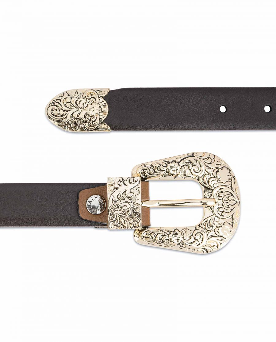 1-Inch-Brown-Western-Belt-Womens-Floral-Gold-Buckle-Smoot-leather