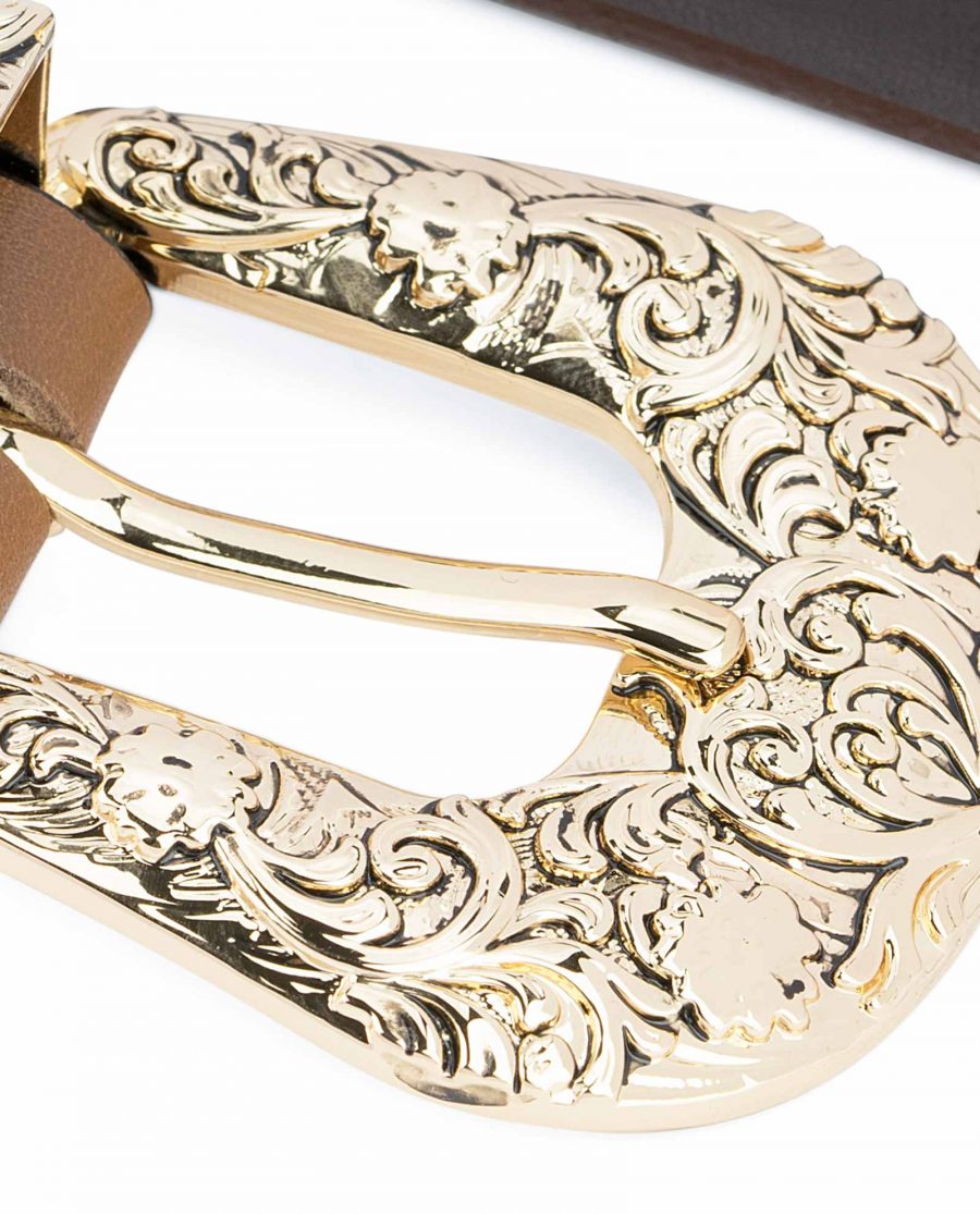 1-Inch-Brown-Western-Belt-Womens-Floral-Gold-Buckle-Solid-heavy