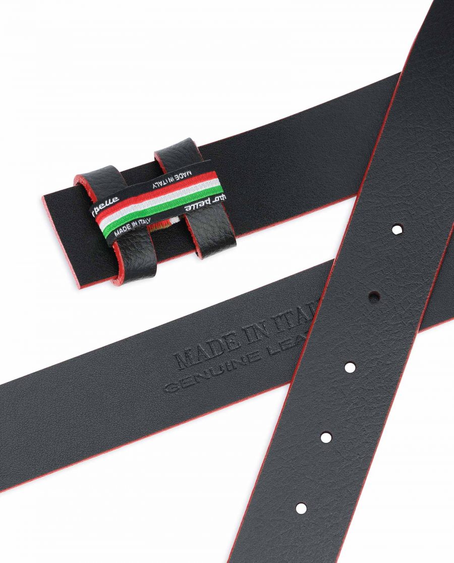 Black Leather Belt No Buckle Red Edges 1-3-8-inch Heat stamp