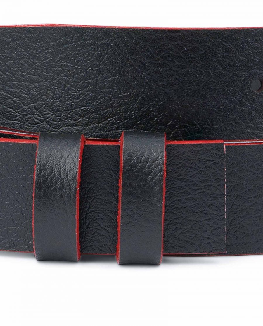 Black Leather Belt No Buckle Red Edges 1-3-8-inch Loops