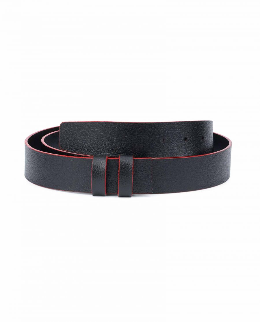 Black Leather Belt No Buckle Red Edges 1-3-8-inch Replacement strap