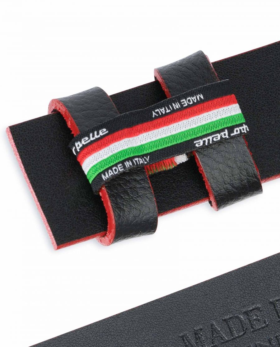 Black-Leather-Belt-No-Buckle-Red-Edges-1-3-8-inch-Woven-tag