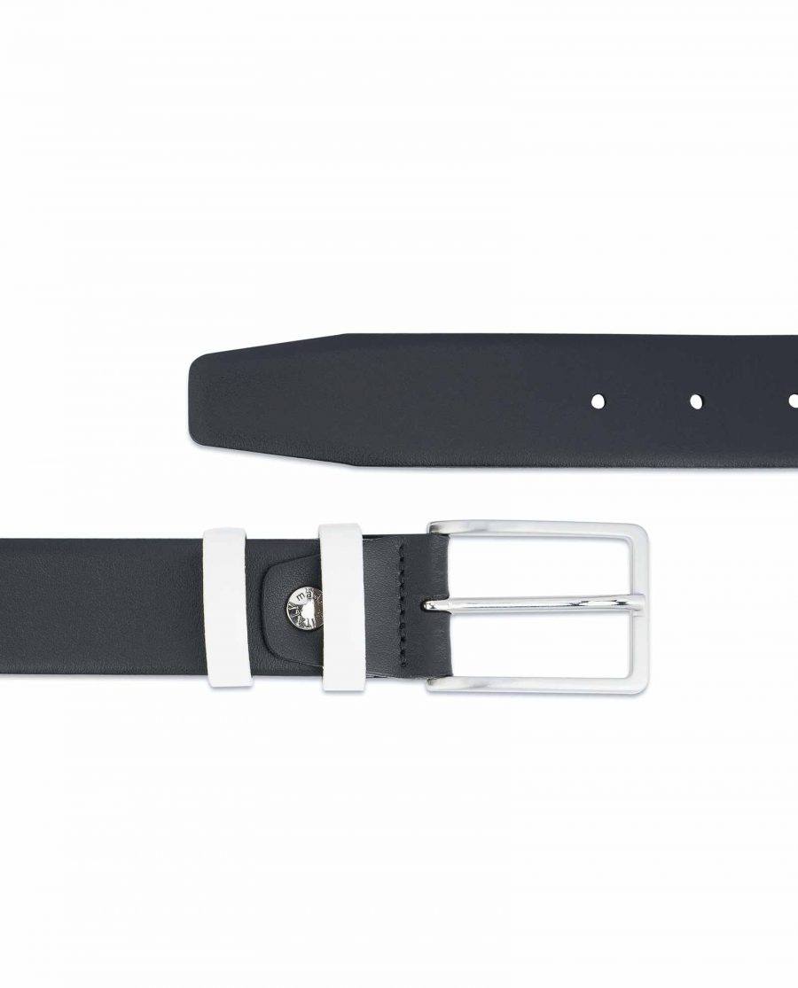 Black-Mens-Belt-with-White-Leather-Loops-Silver-buckle