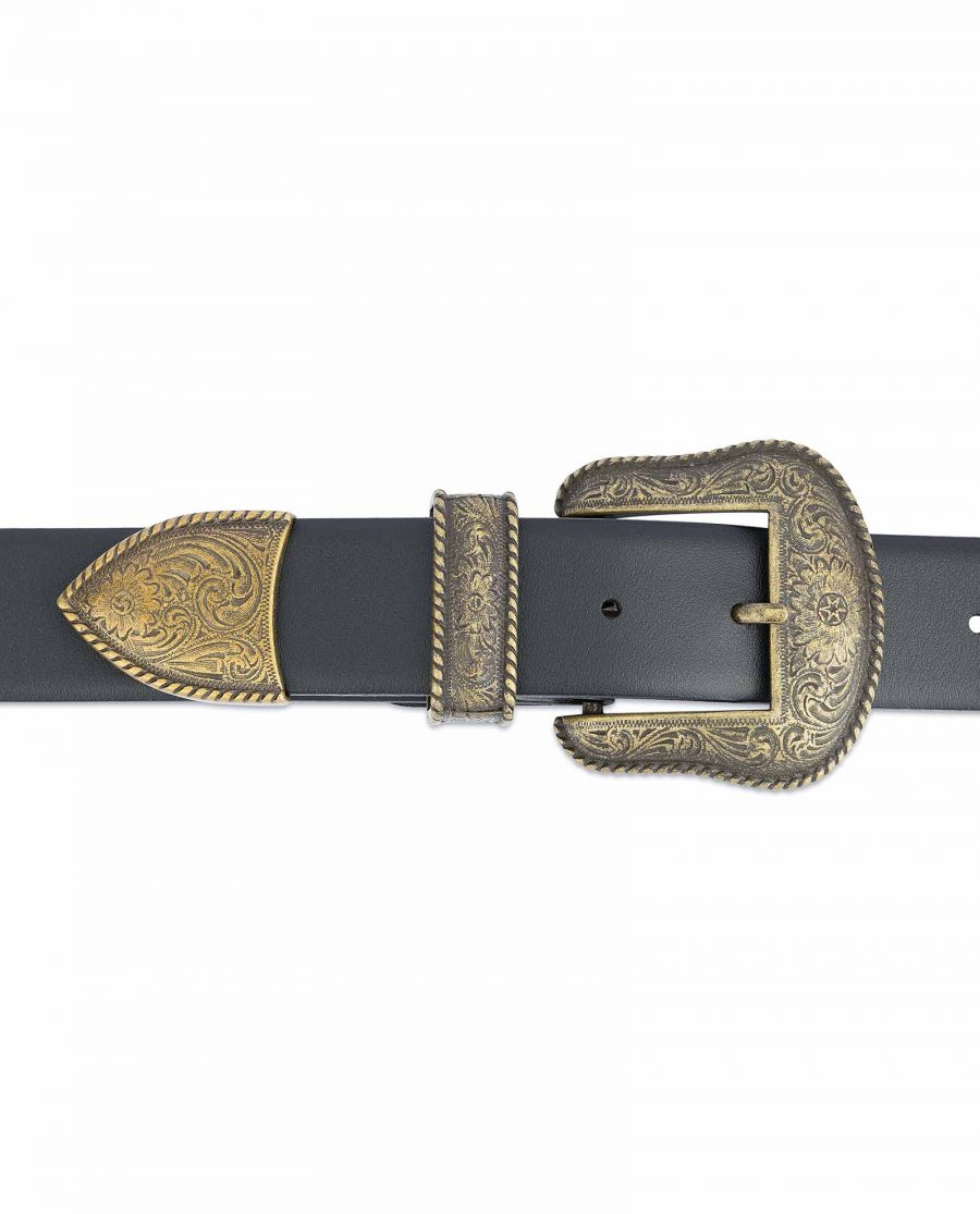 Black-Western-Belt-Mens-Bronze-Belt-Buckle-3-piece-set
