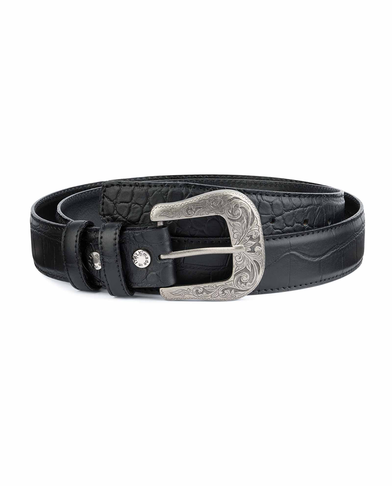 Mens 1.38 Wide Silver Crocodile Embossed Leather Belt with Stylish Buckle 
