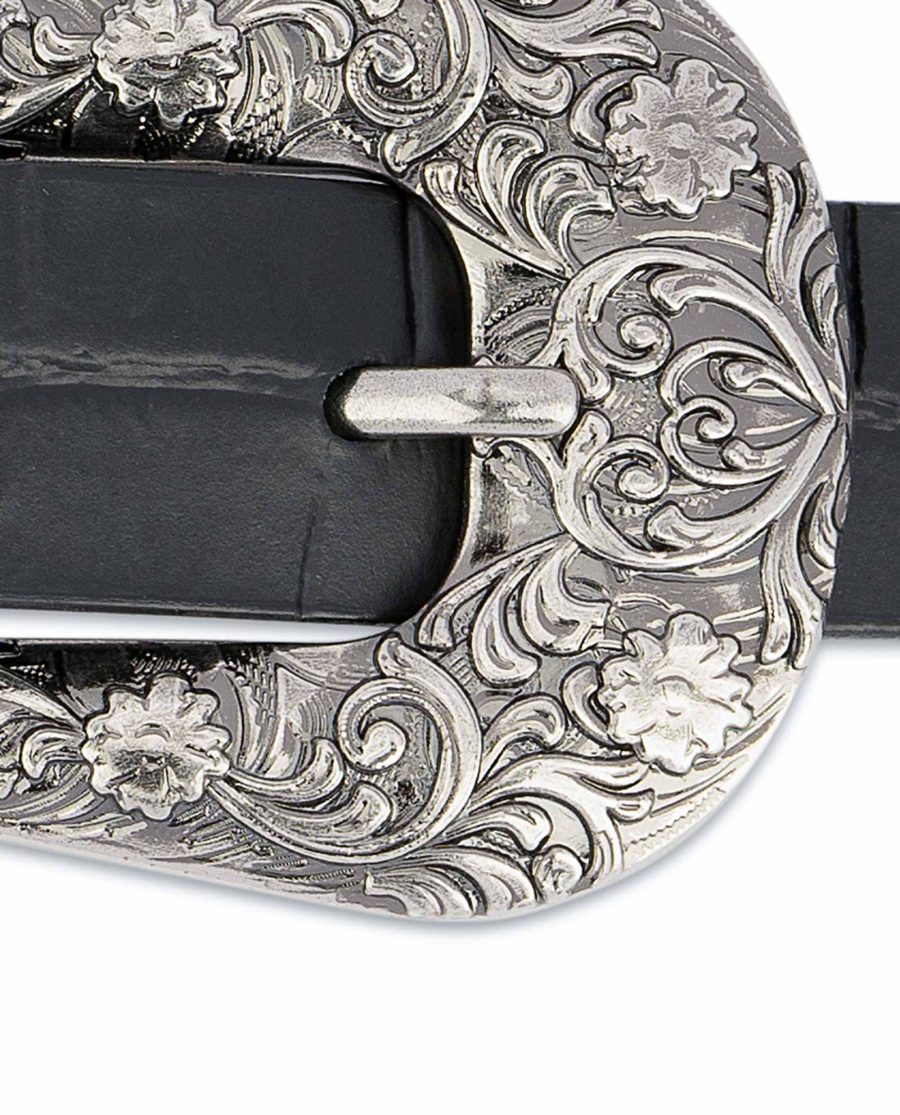 Thin-Black-1-inch-Western-Belt-Crocodile-Embossed-Leather-Floral-engrave
