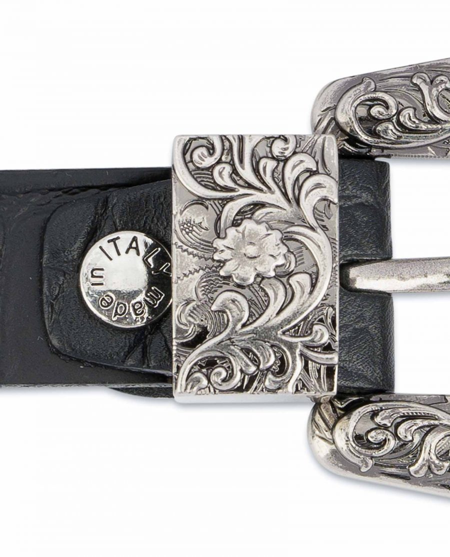 Thin-Black-1-inch-Western-Belt-Crocodile-Embossed-Leather-Screw-bolt