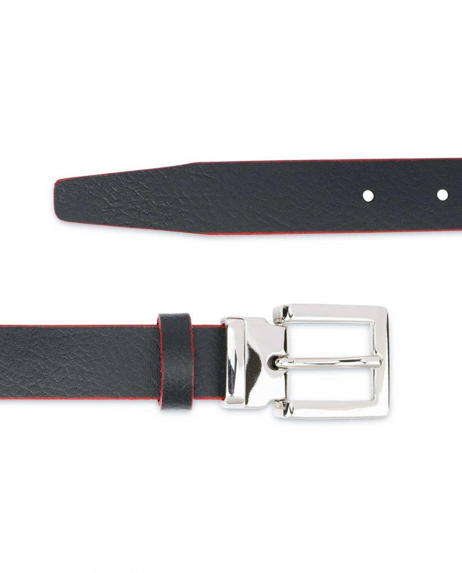 Mens-Black-Thin-Leather-Belt-Square-Buckle-Silver-nickel