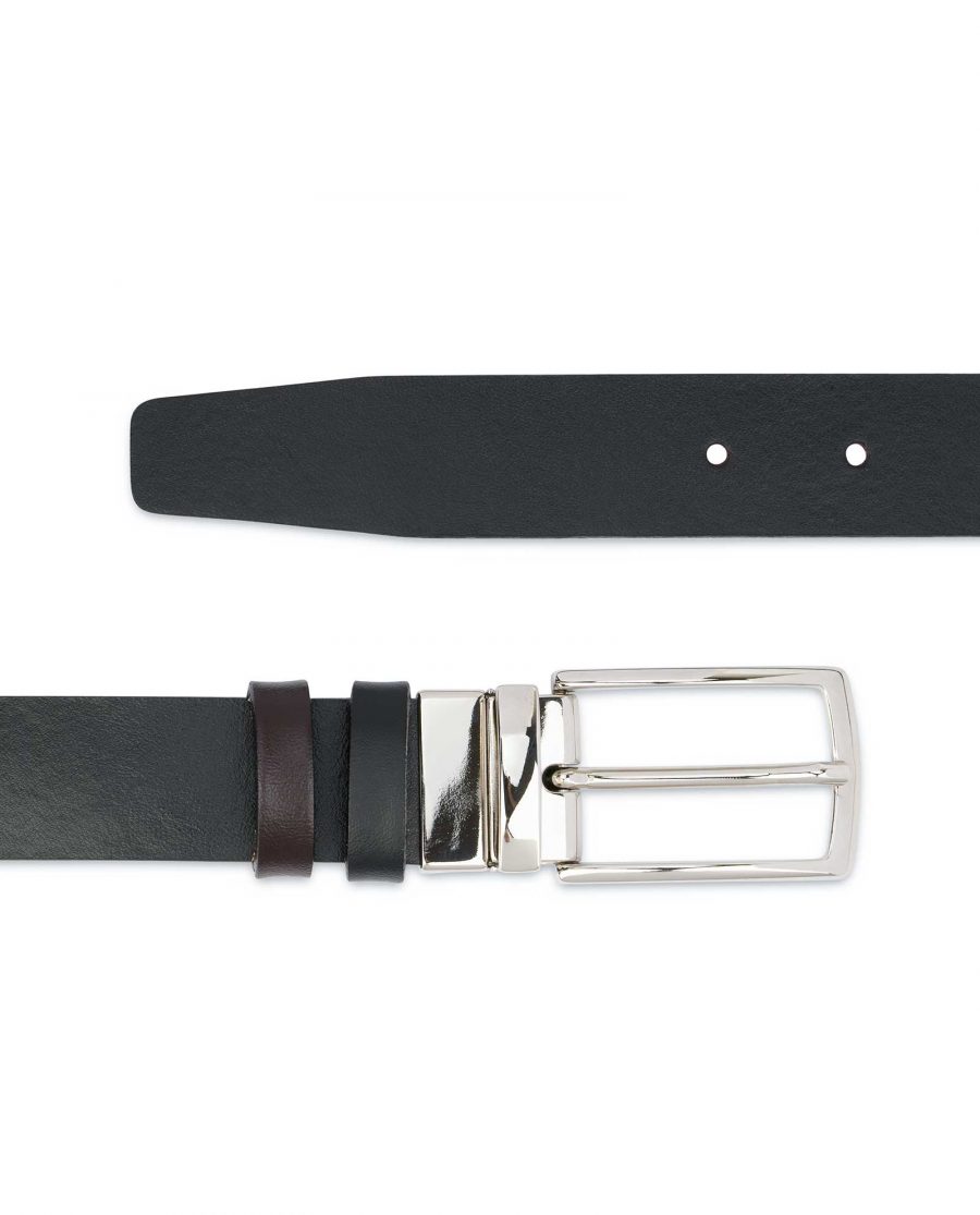Reversible Leather Belt Men’s Black Brown 1-1-8 inch Silver nickel buckle