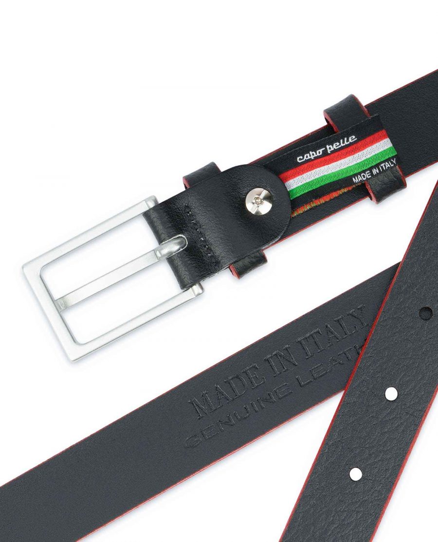 Thin-Mens-Belt-Black-leather-Red-edges-Made-in-Italy