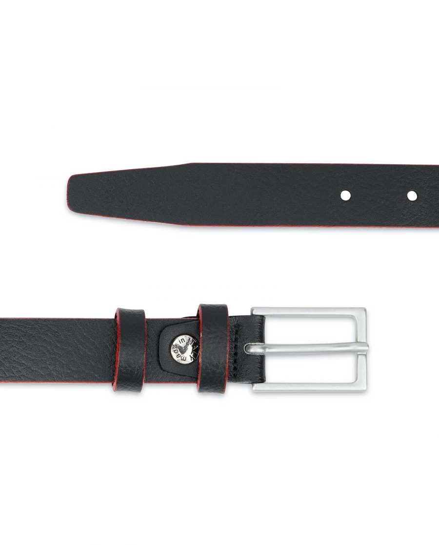 Thin-Mens-Belt-Black-leather-Red-edges-Pebbled-leather