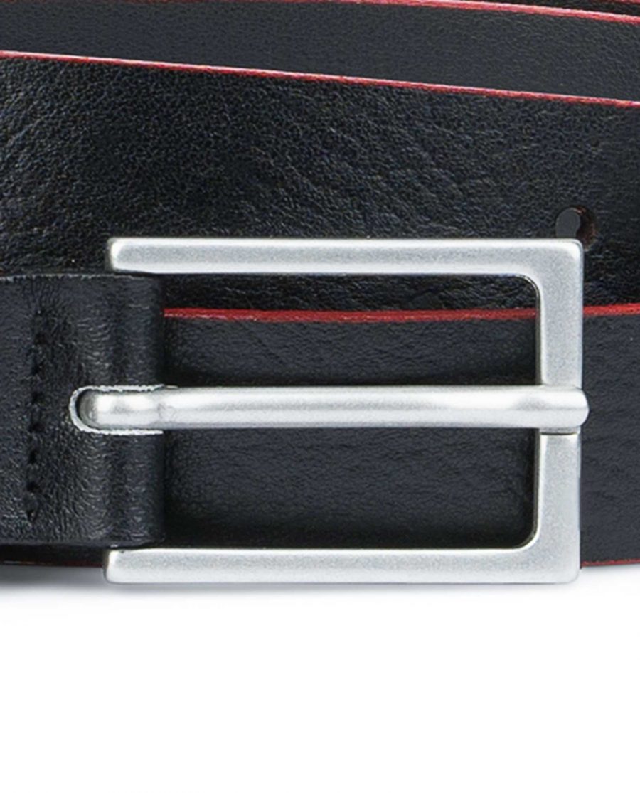 Thin-Mens-Belt-Black-leather-Red-edges-Silver-matte-buckle