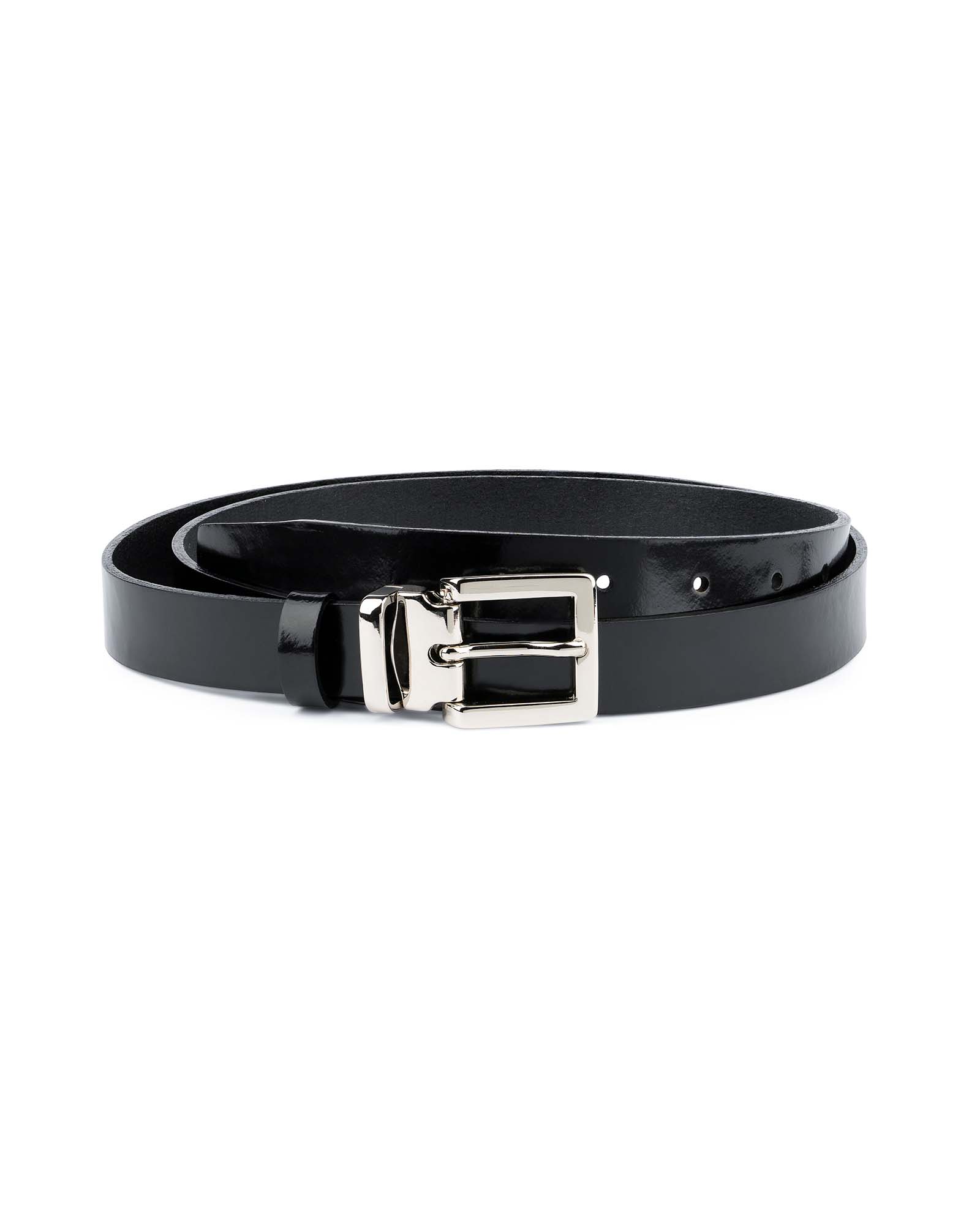 Silver buckle Patent Black Leather Belt for Women