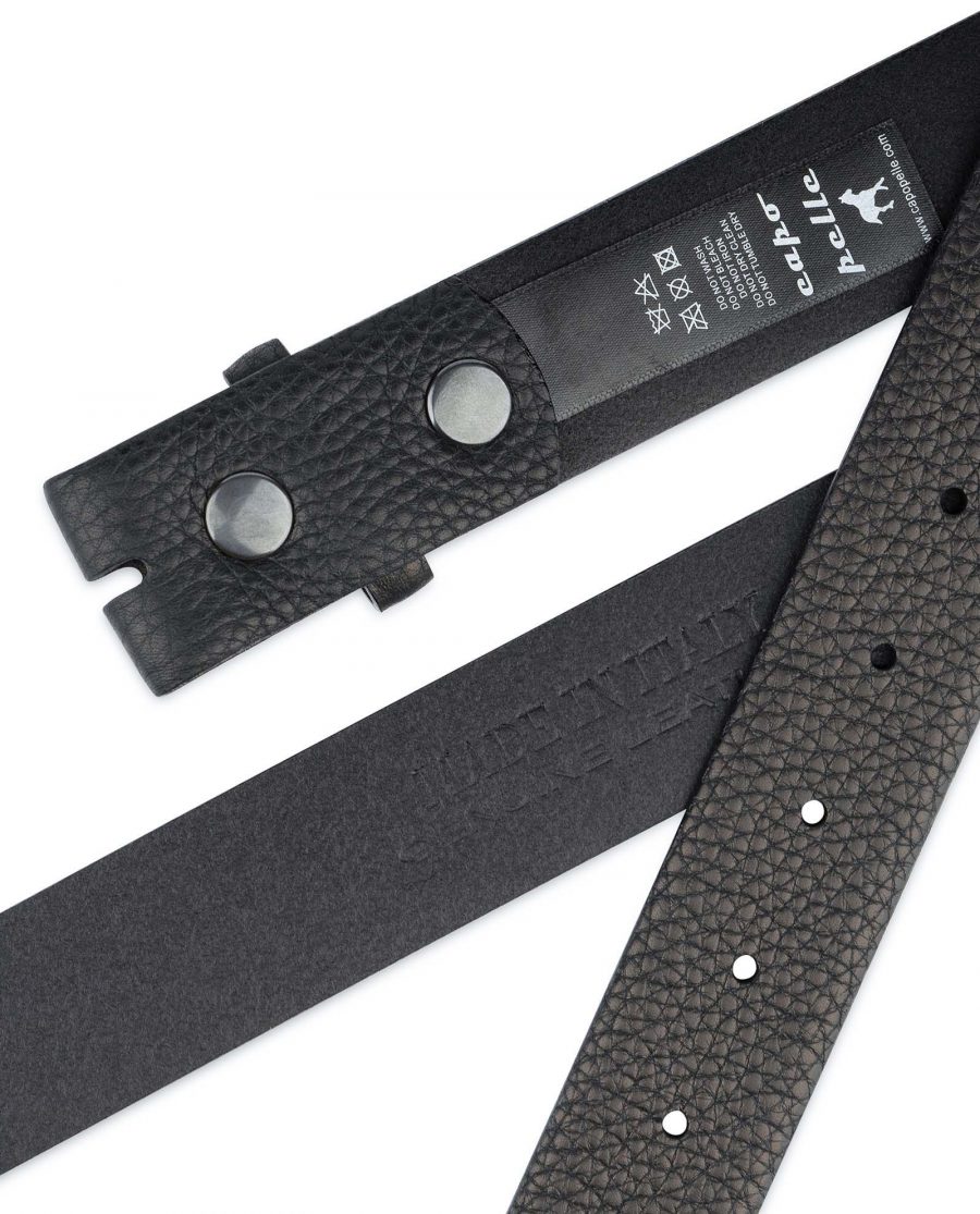 Black-Pebbled-Leather-Belt-Mens-No-buckle-Snap-on-Heat-stamp