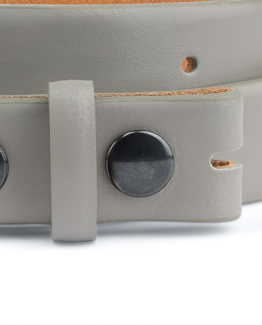 Grey-Leather-Belt-No-Buckle-Snap-on-30-mm-Gunmetal-buttons
