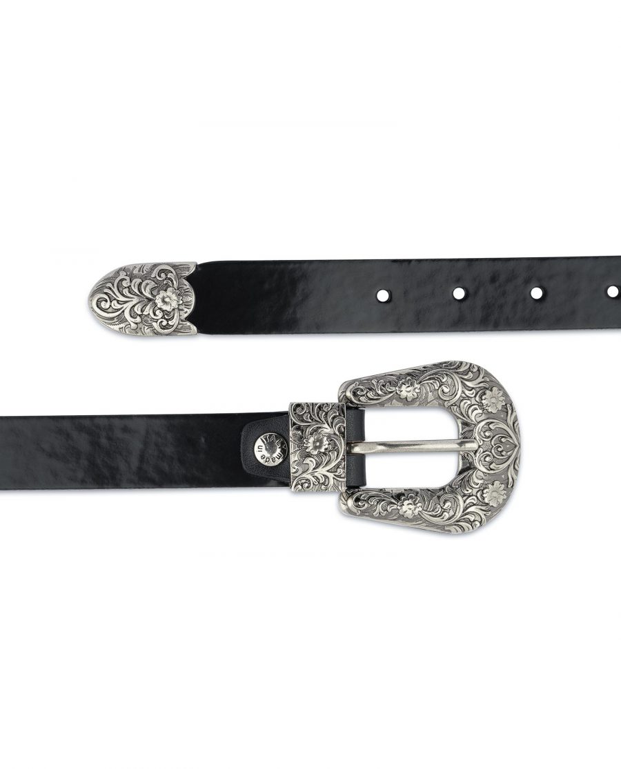 Black Patent Leather Belt With Western Buckle For jeans