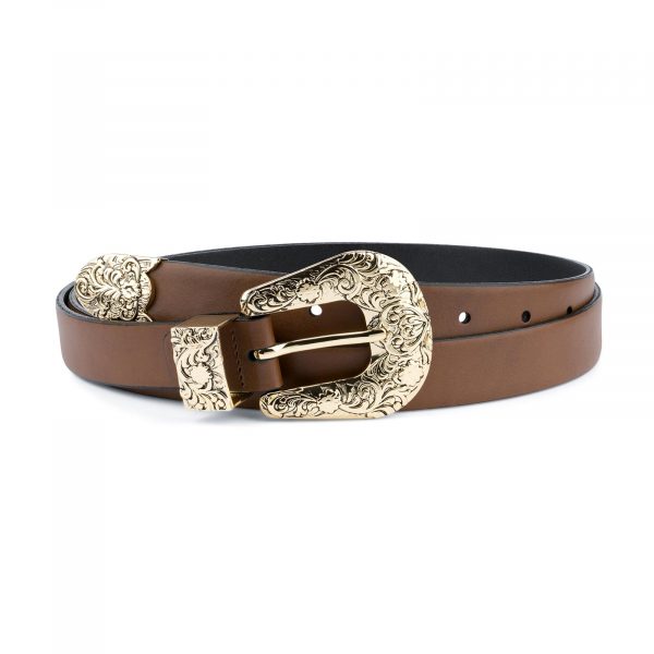 Brown Western Belt For Women With Gold Buckle Capo Pelle