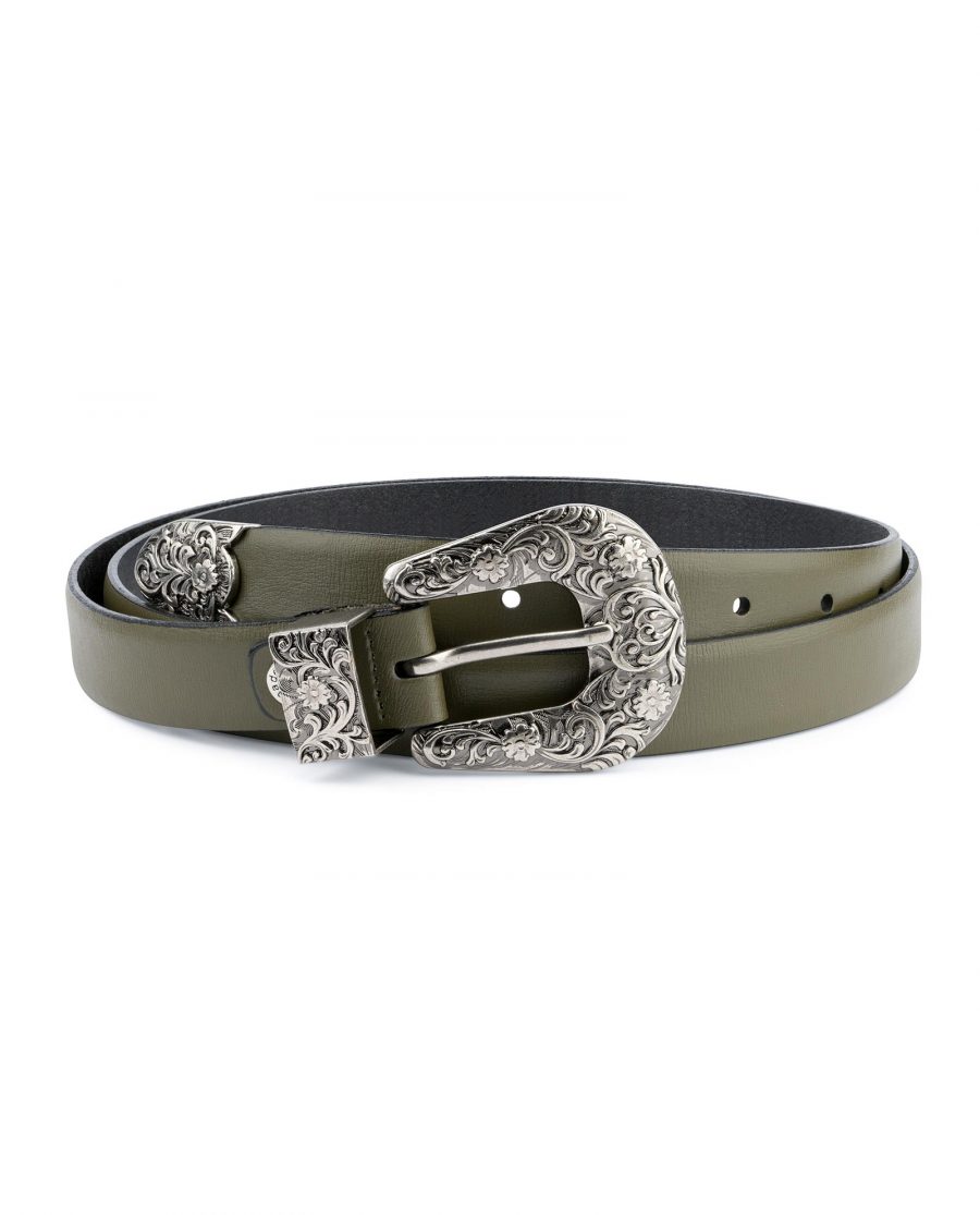 Cowgirl Belt With Buckle Olive Green Leather Capo Pelle