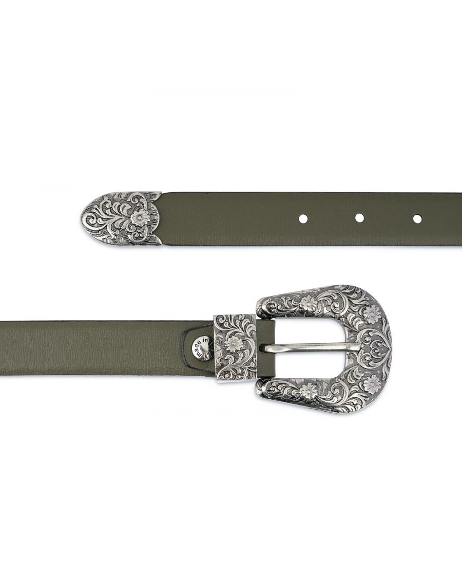 Cowgirl Belt With Buckle Olive Green Leather For jeans