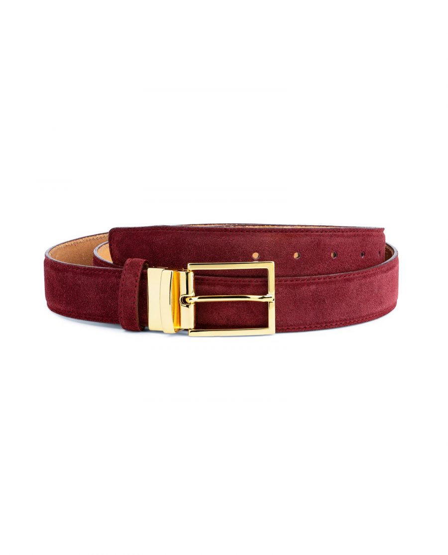 Burgundy Belt With Gold Buckle Suede Leather Capo Pelle