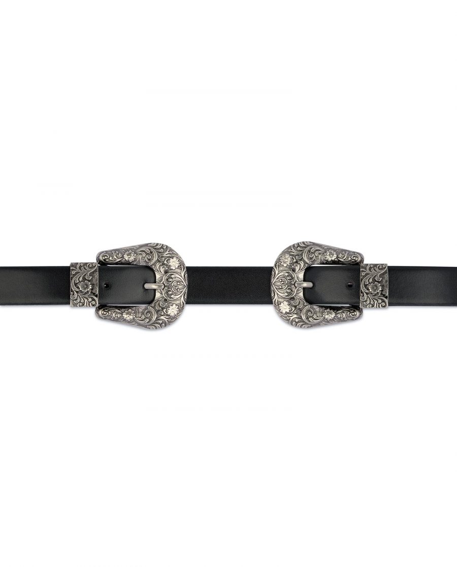 Western Double Buckle Belt For Women Black Leather For jeans