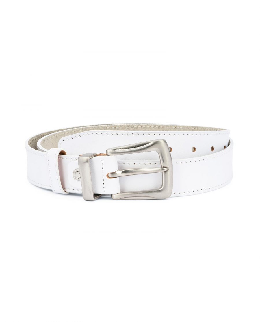 Mens White Leather Belt With Silver Buckle 1