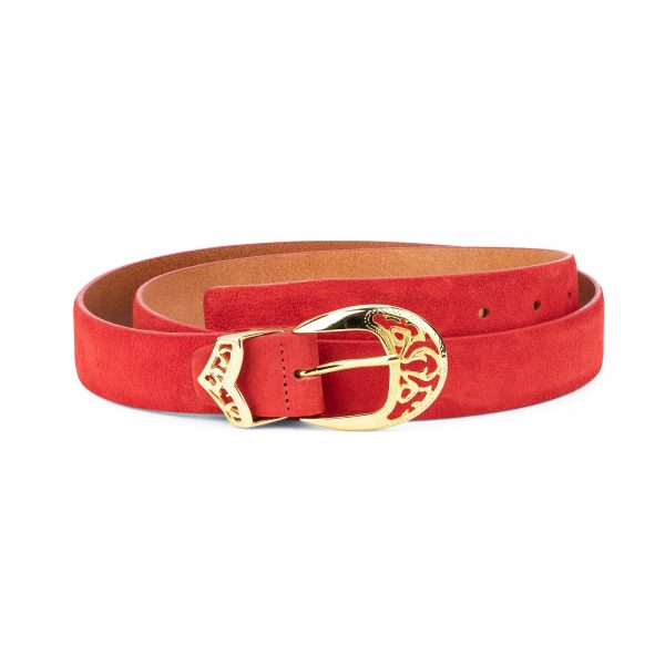 Womens Red Suede Belt with Gold buckle 1