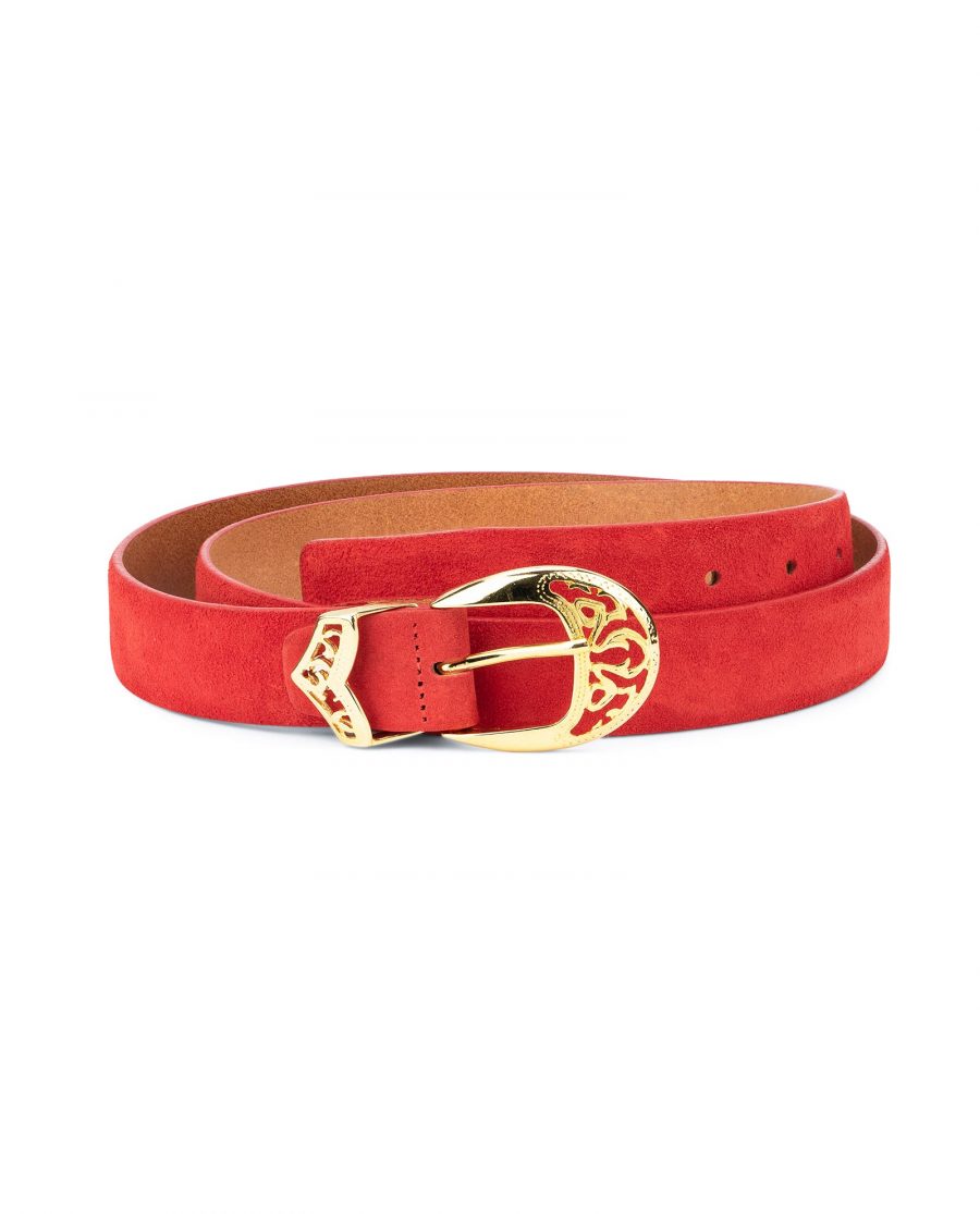 Womens Red Suede Belt with Gold buckle 1