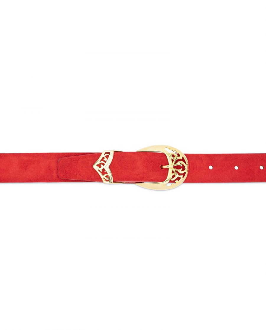 Womens Red Suede Belt with Gold buckle 3