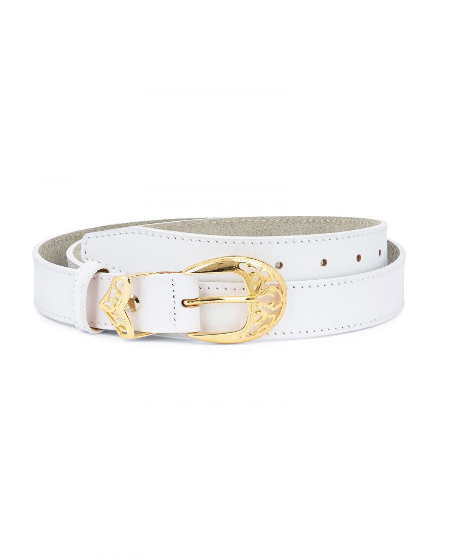 Womens White Western Belt with Gold Buckle 1
