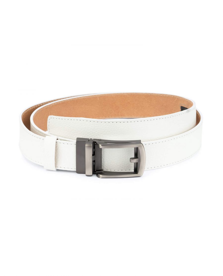 White leather men s click belt with gray buckle AUWH35CLGR 1