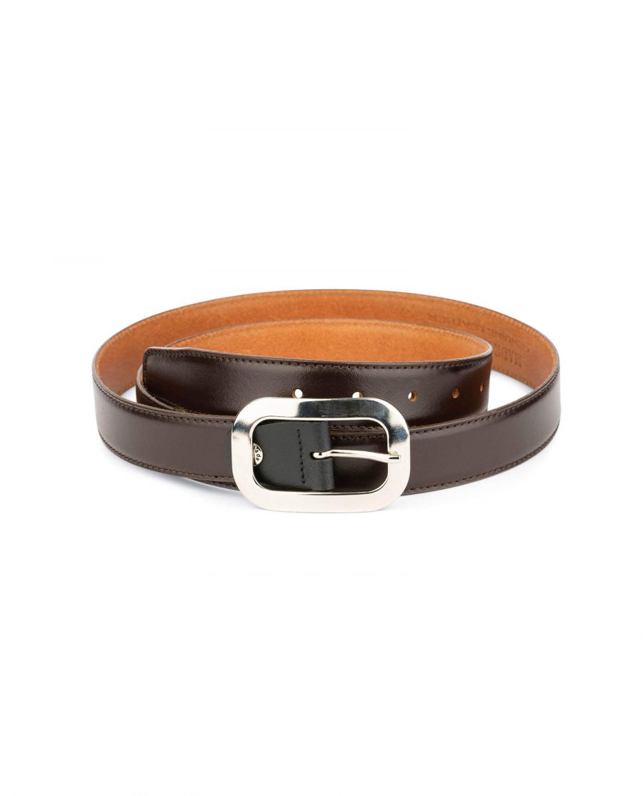 womens brown leather belt with silver buckle 1