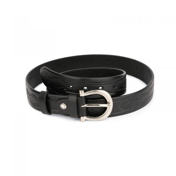 womens embossed leather belt with horse shoe buckle 1