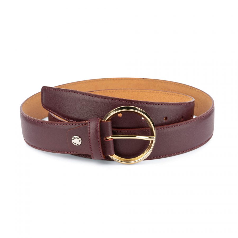 burgundy leather belt with gold circle buckle 75usd 1
