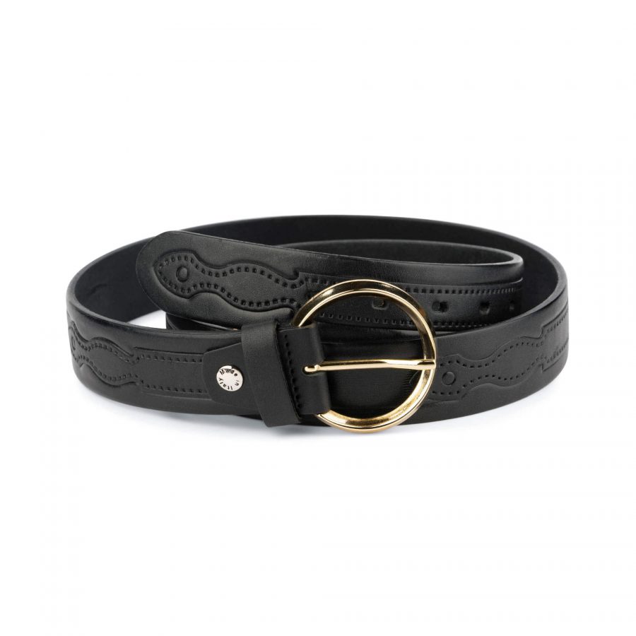 embossed leather belt with gold round buckle 75usd 1