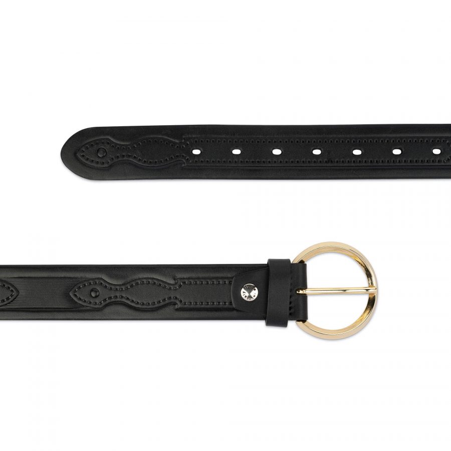 embossed leather belt with gold round buckle 75usd 2