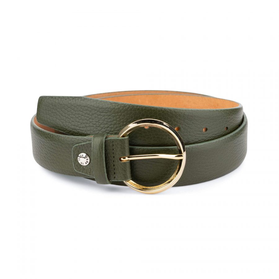 green leather belt with gold round buckle 85usd 1
