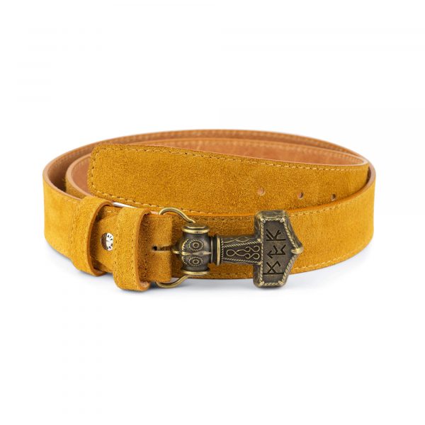 tan suede leather viking belt with bronze hammer buckle 4 0cm 28 44 65usd 1