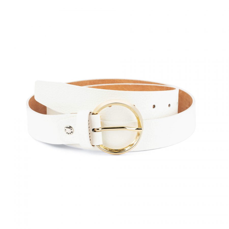white leather belt with gold circle buckle 75usd 1