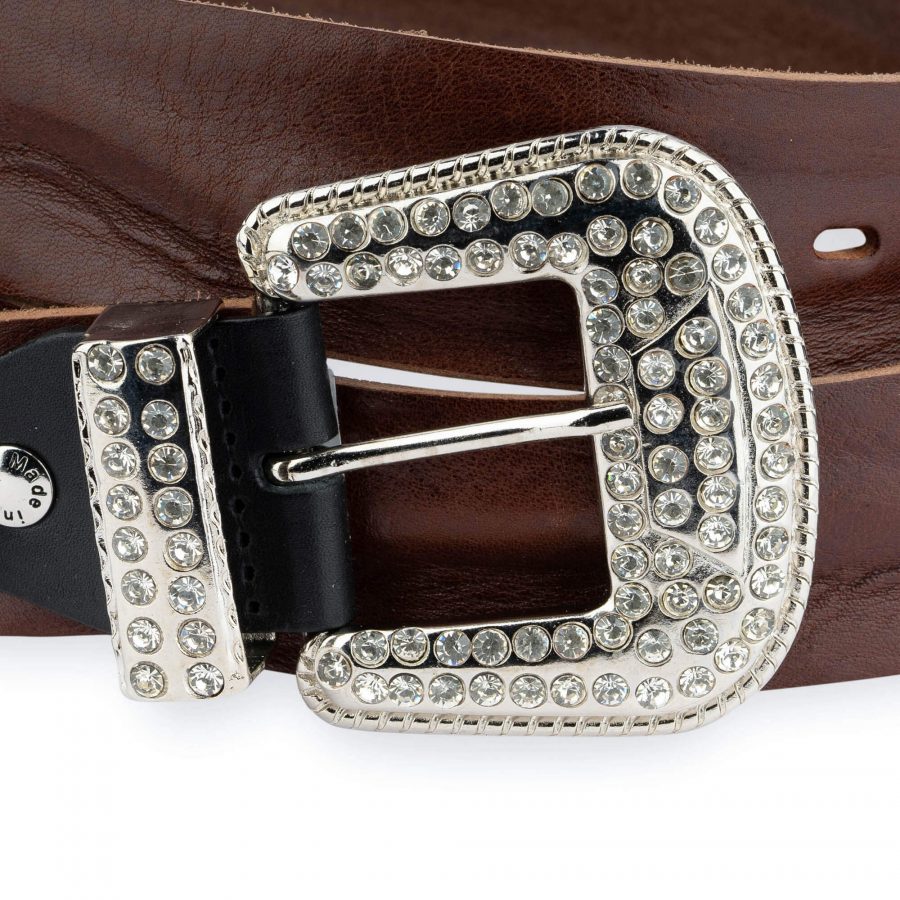 Rhinestone Buckle Belt For Big And Tall Brown Full Grain Leather 2