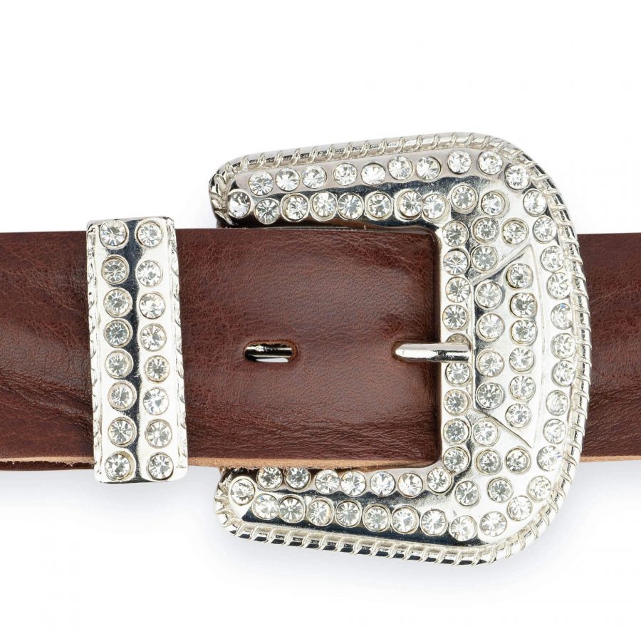 Rhinestone Buckle Belt For Big And Tall Brown Full Grain Leather 7