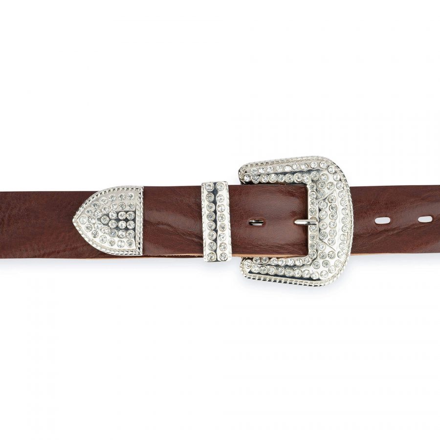 Rhinestone Buckle Belt For Big And Tall Brown Full Grain Leather 8