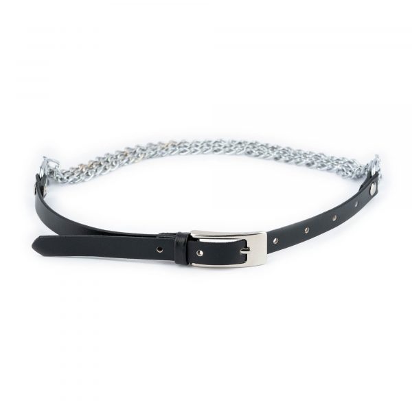 Silver Chain Belt For Women Black Genuine Leather 1 5 cm 2