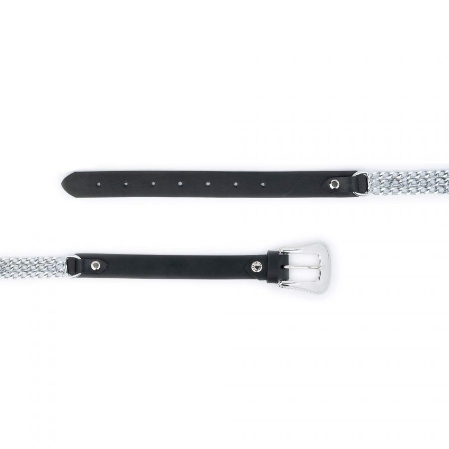 Western Silver Chain Belt For Women Black Full Grain Leather 3