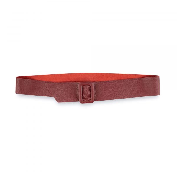 Womens High Waist Belt With Rectangle Buckle Burgundy Red Leather 1