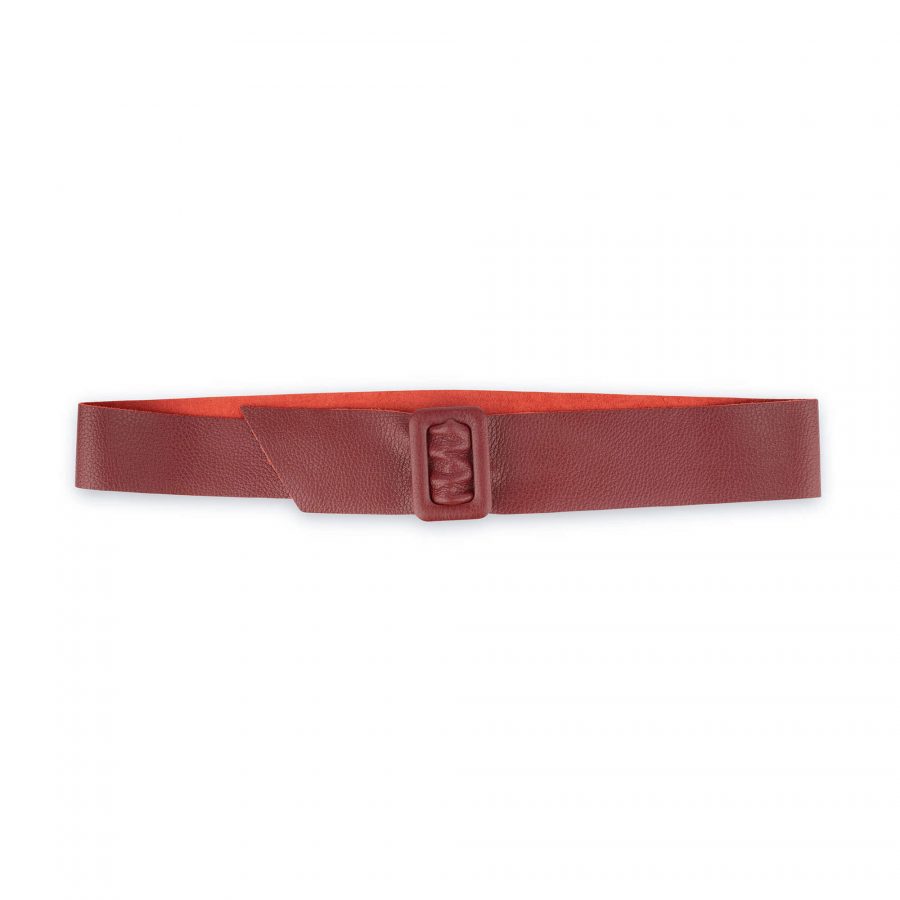 Womens High Waist Belt With Rectangle Buckle Burgundy Red Leather 2