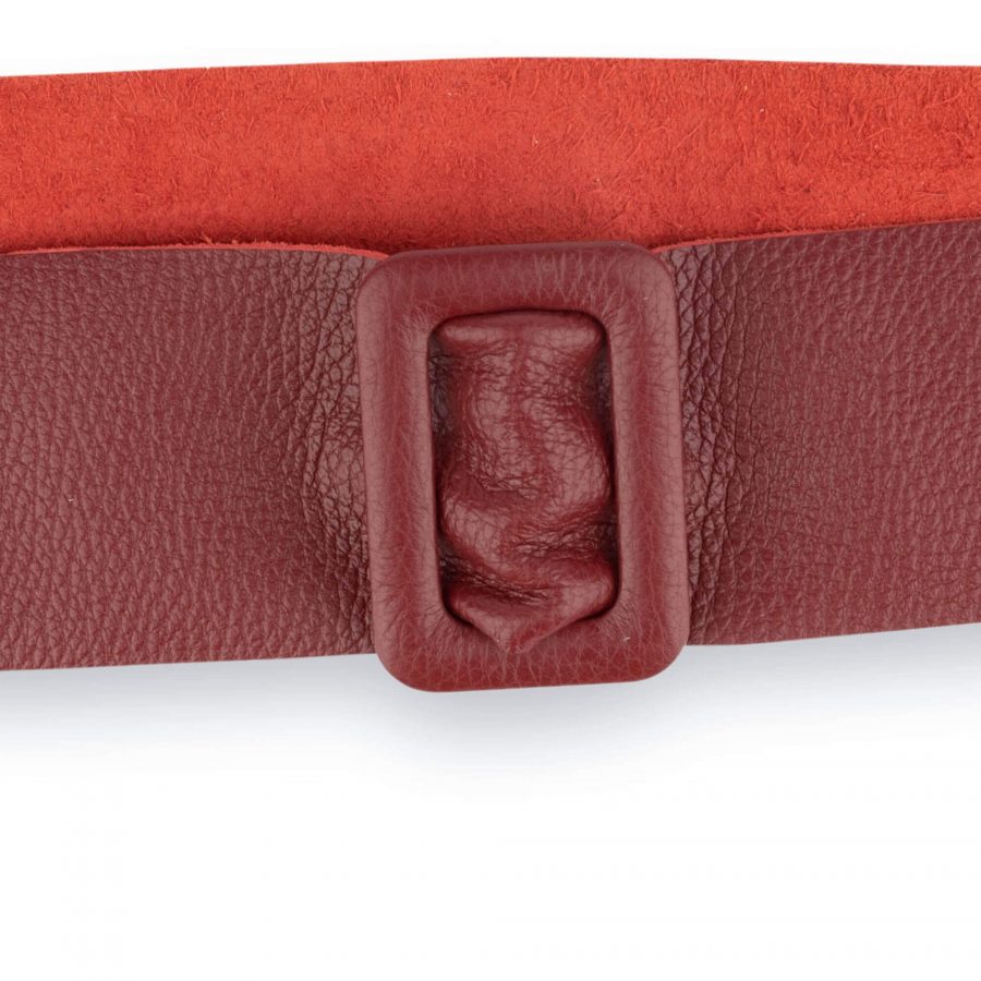 Womens High Waist Belt With Rectangle Buckle Burgundy Red Leather 4