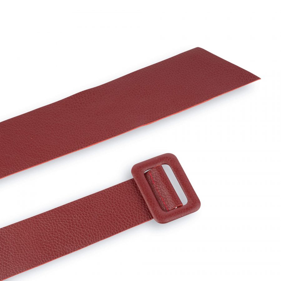 Womens High Waist Belt With Rectangle Buckle Burgundy Red Leather 6